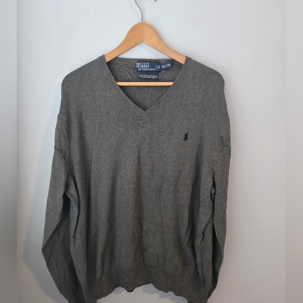 Polo by Ralph Lauren Men's V-Neck Sweater - Gray with Navy Logo - Picture 4 of 9